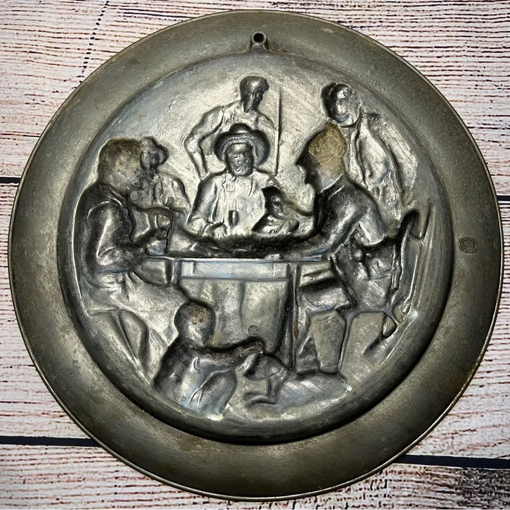 Vintage 12” German Pewter Wall Plate Tavern‎ Card Scene Angel Mark Gallery Wall
